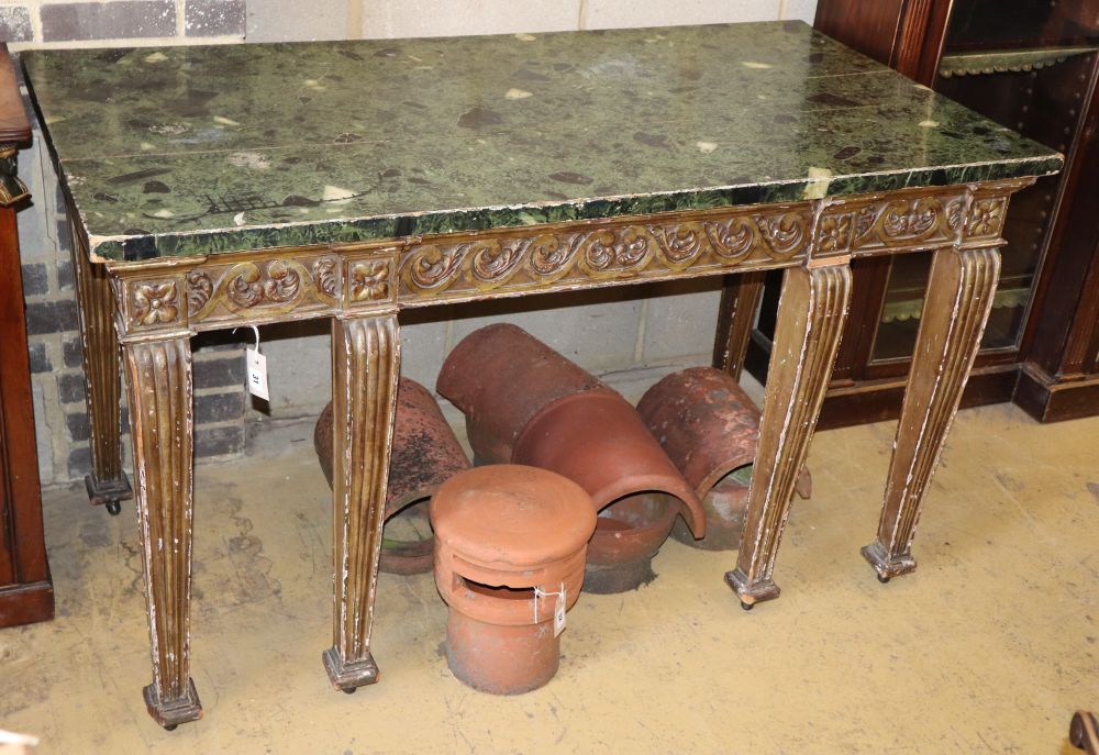 An 18th century style giltwood and gesso console table with painted faux marble top, W.144cm, D.75cm, H.84cm